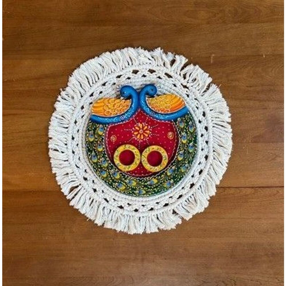 Traditional Wooden Decorative Peacock Pooja Thali Colorful Vivid Hand-Painted